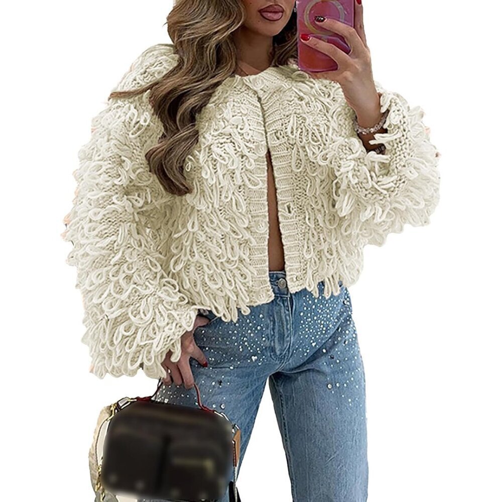 Women's Cropped Fringe Cardigan Knit Long Sleeve Button Front Casual Y2K